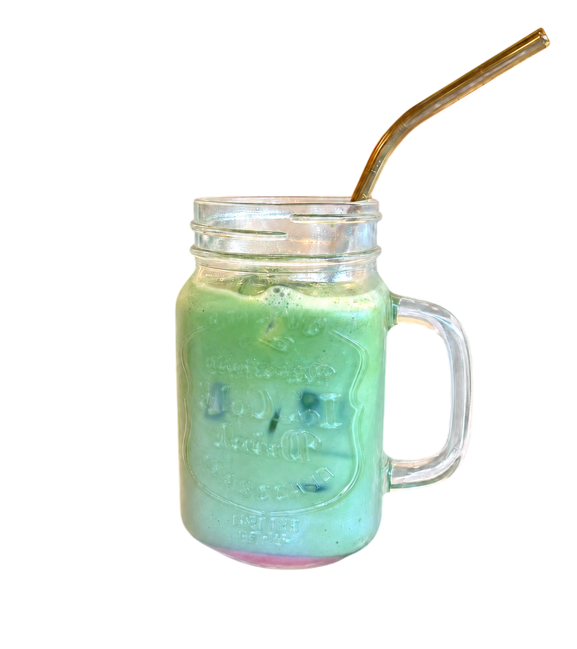 Iced matcha and blueberry drink in a mason jar